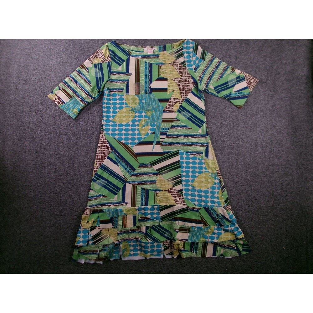 ISLE Dress Womens M Green Blue Geometric Print Ruffle Hem Elbow Sleeve Polyester